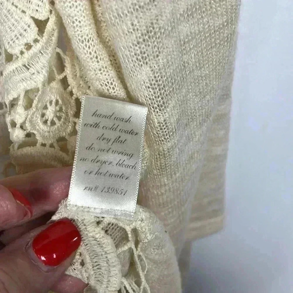 Womens Cardigan Cream S Waterfall Open Front Bell Sleeves 14” Lace Border EUC - Picture 8 of 12
